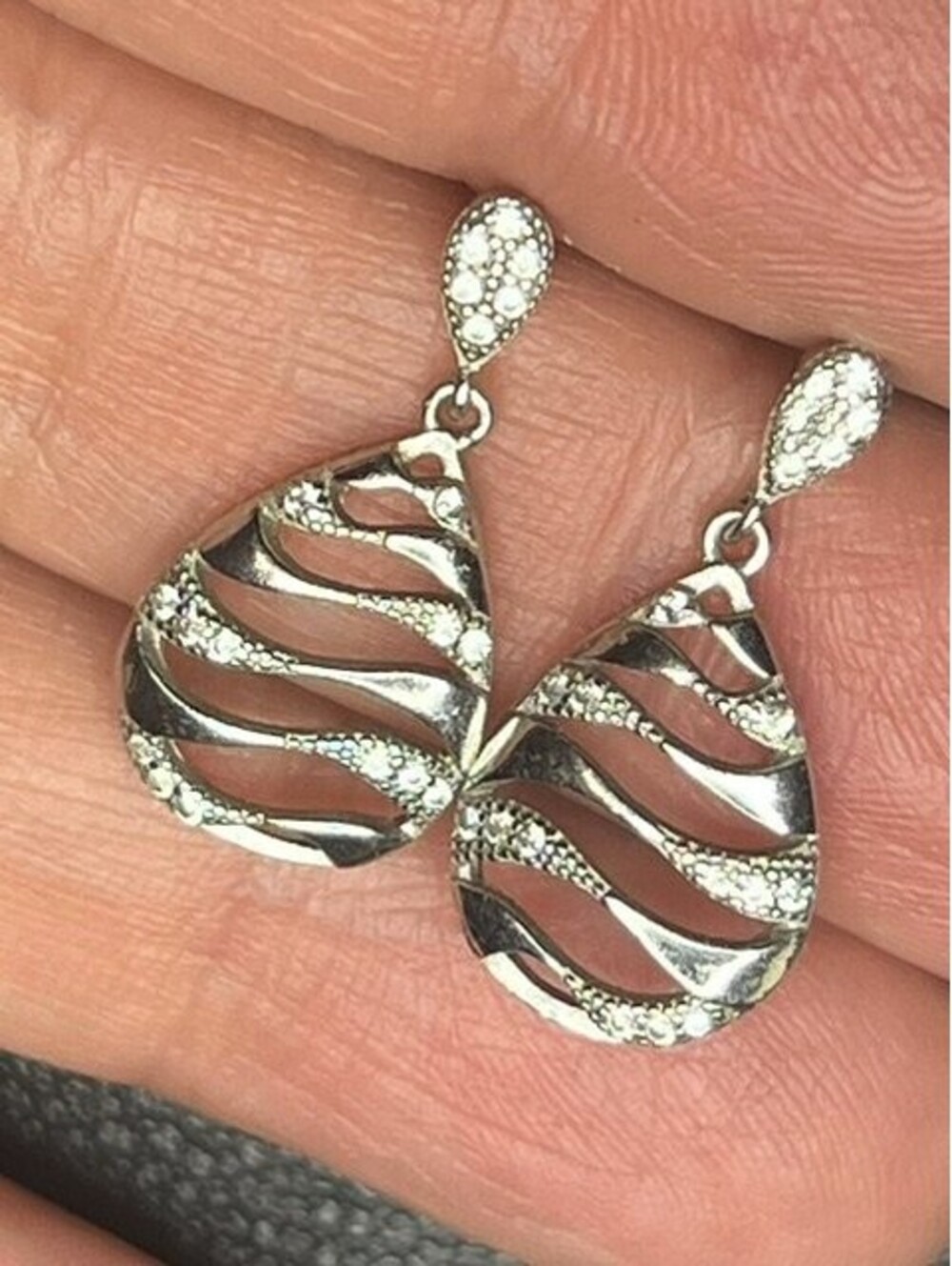 B7422 Teardrop Dangle Earrings Sterling Silver 1" Drop Pave CZ Wavy Openwork
